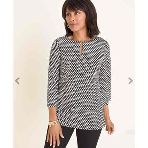 Chico’s Black White Geometric 3/4 Sleeve Top, Black & White | Size 0 (US 4)
